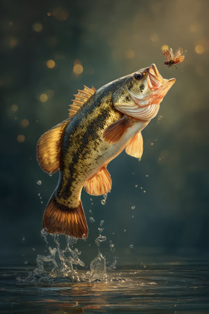 A large bass fish leaps out of the water, aiming for a bee buzzing nearby. The scene is illuminated by soft sunlight, creating a magical atmosphere over the calm pond.の素材