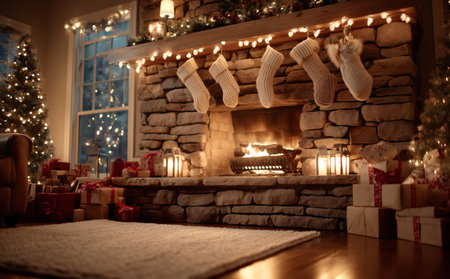 A warm and inviting fireplace is adorned with knitted stockings, greenery, and twinkling lights, creating a perfect holiday atmosphere in a cozy living space. Details matter.の素材