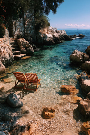 Two wooden chairs sit on a sandy shore next to calm, clear waters. The sunlight reflects off the surface, creating a serene atmosphere in a picturesque coastal setting.の素材