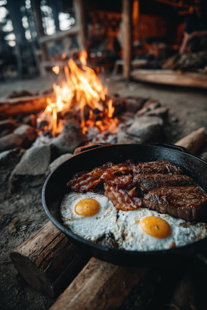 A delicious breakfast is being prepared over an open campfire at dawn. The scene includes sizzling bacon and eggs in a cast iron skillet, surrounded by natural beauty.の素材