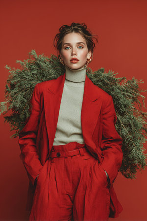 A model poses confidently in a bold red suit and a light turtleneck, surrounded by lush green foliage. The striking background enhances her contemporary style.の素材