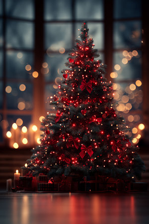 A beautifully decorated Christmas tree stands in a dimly lit room. Soft lights and red ribbons adorn the tree, while warm candles flicker nearby, creating a festive atmosphere. Details matter.の素材