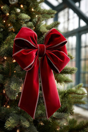 A large red velvet bow adorns a Christmas tree during winter, surrounded by green pine needles and soft holiday lights. The scene captures the essence of the festive season. Details matter.の素材