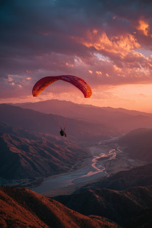 A person is paragliding above stunning mountain landscapes as the sun sets. A river meanders through the valley, creating a beautiful contrast against the colorful sky. Details matter.の素材