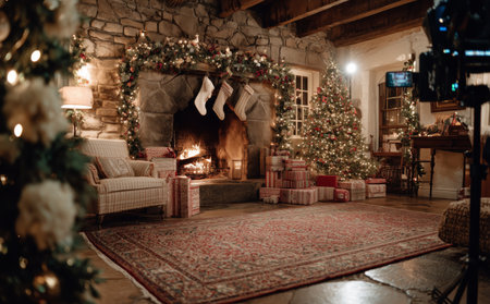 Soft light fills a warm living room with a stone fireplace, decorated with stockings and holiday greens. Wrapped gifts surround a festive tree, inviting a joyful holiday atmosphere.の素材