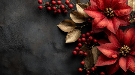 A vibrant display of red poinsettias, shiny berries, and golden leaves creates a festive atmosphere on a dark background, perfect for holiday decor and celebrations. Details matter.の素材