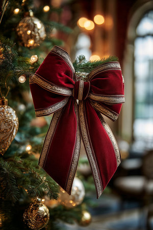 A large red bow with gold trim decorates a Christmas tree in a warmly lit room. The atmosphere is festive, enhancing the cheerful holiday spirit.の素材