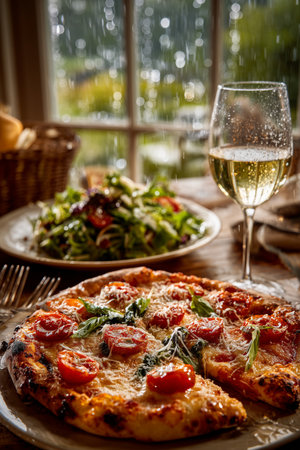 A delicious pizza topped with fresh tomatoes and herbs sits on a table next to a bowl of salad and a glass of white wine, while rain falls outside the window.の素材