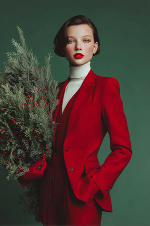 A model stands confidently wearing a vibrant red suit, holding a lush arrangement of greenery. The setting features a solid green background suitable for a winter fashion theme.の素材