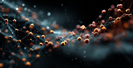 Glowing lines and dots form an abstract network in a dark setting, creating a mesmerizing visual effect. This artwork evokes a sense of depth and movement in a digital realm. Details matter.の素材