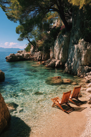 Two wooden chairs sit on a sandy shore next to calm, clear waters. The sunlight reflects off the surface, creating a serene atmosphere in a picturesque coastal setting. Details matter.の素材