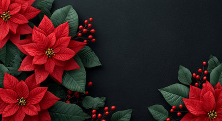 Vibrant red poinsettias with rich green leaves and small red berries are arranged artistically on a dark background, creating a striking visual perfect for the holiday season.の素材
