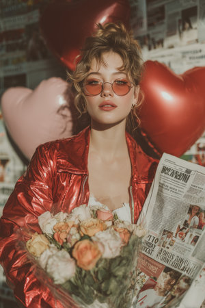 A stylish young woman wears a red jacket and sunglasses while holding a bouquet of flowers and a newspaper. Heart-shaped balloons decorate the background, adding a festive touch. Details matter.の素材