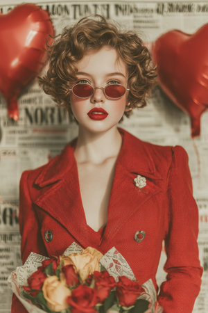 A young woman with curly hair wears a red coat and round sunglasses. She stands indoors, holding a bouquet of roses and yellow flowers against a vibrant backdrop of heart balloons.の素材