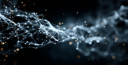 Glowing lines and dots form an abstract network in a dark setting, creating a mesmerizing visual effect. This artwork evokes a sense of depth and movement in a digital realm.の素材