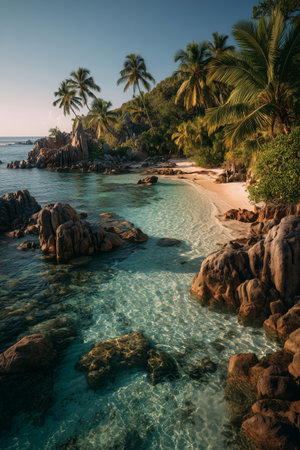 Palm trees stand tall by the calm turquoise waters of a tropical beach at sunset. Rocky formations frame the shore, creating a peaceful escape with vibrant colors in the sky. Details matter.の素材