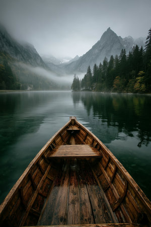 A wooden boat floats on a serene lake surrounded by tall trees and misty mountains. The calm water reflects the fog and nearby landscape, creating a peaceful atmosphere. Details matter.の素材