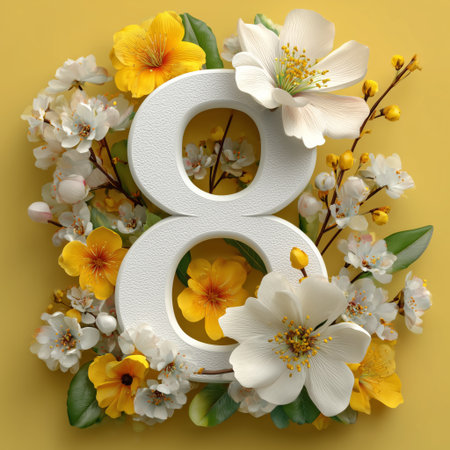 Colorful arrangement highlights the number eight surrounded by a mix of white and yellow flowers, creating a bright and cheerful look on a solid yellow background.の素材