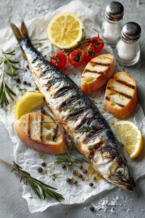 A whole grilled fish lies on parchment paper, surrounded by grilled bread, fresh herbs, lemon slices, and cherry tomatoes, creating a vibrant meal under soft lighting.の素材