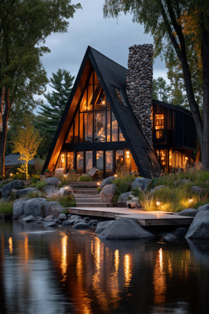 A charming cabin sits by the lakeshore, surrounded by tall trees. Warm lights glow from windows, casting a lovely reflection in the water at twilight, creating a peaceful retreat. Details matter.の素材