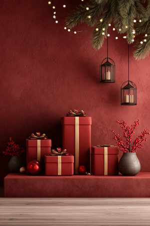 A red stage adorned with three beautifully wrapped gifts sits among green pine trees. Soft snowflakes fall, creating a warm and festive atmosphere for the holiday season. Details matter.の素材