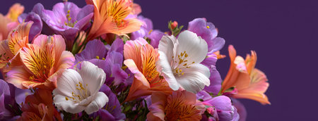 Bouquet of colorful spring flowers features pink and purple blossoms with delicate petals and vibrant centers, arranged beautifully against a soft pastel background. Details matter.の素材