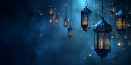 These ornate lanterns hang in the air, casting a warm glow in a dark blue environment. The enchanting light spreads a sense of calm and beauty during the evening.の素材
