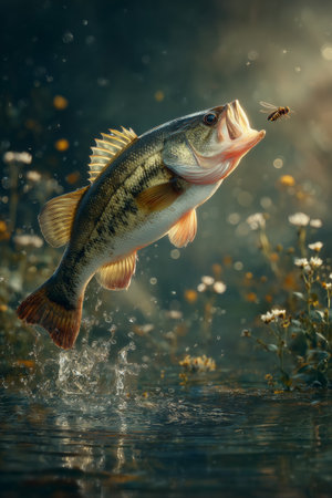 A bass fish is jumping out of a calm body of water, aiming to catch a flying insect. The scene is set in a peaceful natural environment with flowers nearby, creating a serene backdrop.の素材
