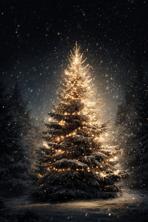 A beautifully decorated Christmas tree stands tall in the snow, illuminated by warm lights against a dark, snowy backdrop. Flakes gently fall, creating a magical winter scene. Details matter.の素材