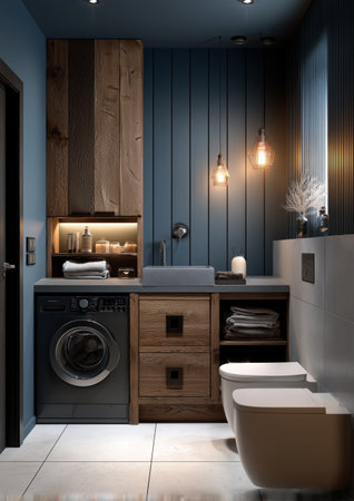A cozy bathroom blends modern design with functionality. The space includes a laundry area with a stacked washer and dryer, surrounded by wood accents and soft lighting.の素材