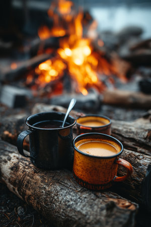 Two cups of coffee, one black and one milky, rest on logs next to a bright campfire. The warm glow contrasts with the cool twilight in the serene woods, creating a cozy atmosphere.の素材