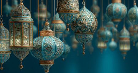 Colorful lanterns hang gracefully against an ornate wall adorned with floral patterns. The rich turquoise and gold colors create a captivating atmosphere. Details matter.の素材