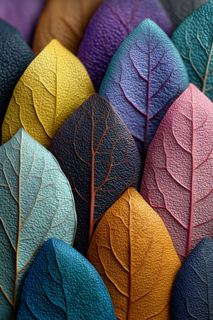 Various leaves in shades of blue, yellow, purple, and orange form a stunning arrangement showing intricate textures. This artwork highlights natures beauty through colors and shapes.の素材