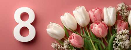 A lovely arrangement of white and pink tulips beside a white number eight against a soft pink backdrop. This setting evokes a cheerful and fresh spring vibe.の素材