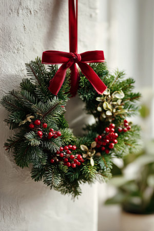 A lush green wreath made of various evergreens and red berries is beautifully displayed on a wall, showcasing holiday cheer and seasonal decor. Details matter.の素材