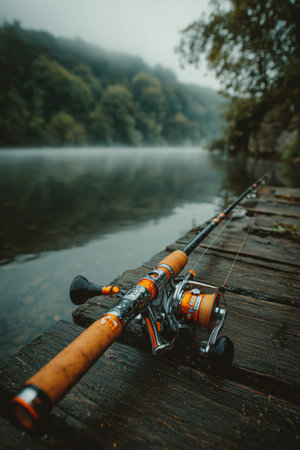A fishing rod rests on a wooden dock beside a calm river. Mist hovers over the water, and lush greenery surrounds the peaceful scene during the early morning hours.の素材