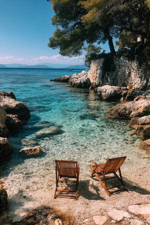 Two wooden lounge chairs sit on a quiet sandy beach surrounded by clear turquoise water and rocky cliffs under a sunny sky. This peaceful spot invites relaxation. Details matter.の素材