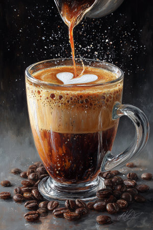 A barista carefully pours steaming coffee into a clear cup while creating a heart shape with froth. Fresh coffee beans surround the cup, highlighting the brewing process.の素材