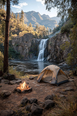 Set by a beautiful waterfall, a tent stands near a warm campfire surrounded by rocks. Towering trees and mountain scenery create a peaceful atmosphere during sunset.の素材