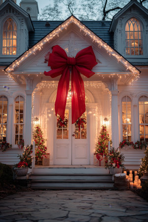 A cozy white house is adorned with holiday lights and festive decorations. Large red bows and Christmas trees create a warm, inviting atmosphere during the evening.の素材