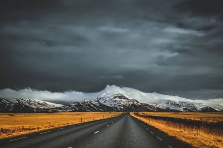 Dramatic sky over Iceland roadの写真素材