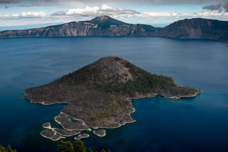 Wizzard island on Crater Lake is a ancient volcanic coneの写真素材