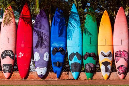 Colorful surfboard fence on Maui islandの写真素材