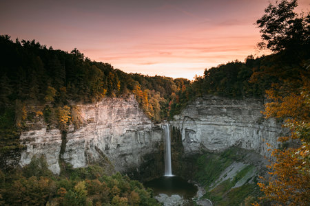 Taughannock falls in New York during a fall sunsetの写真素材