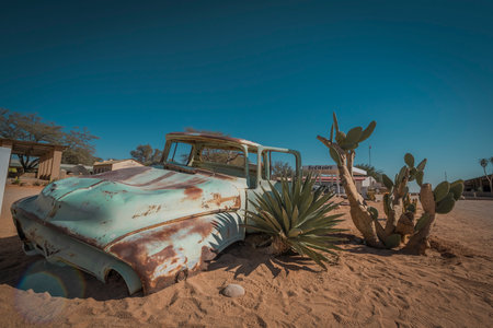 Abandoned vintage car in the small village of Solitaireの写真素材