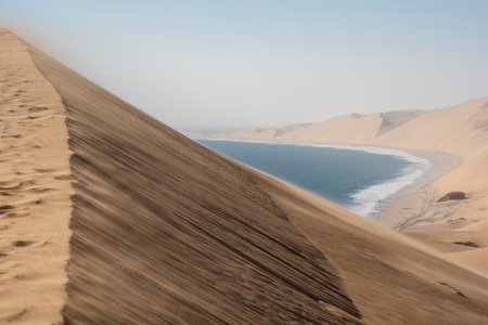 Scenic view of Namib desert dunes and Atlantic oceanの写真素材