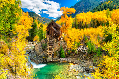 Abandoned mill near Crystal in Colorado surounded by golden colorsの写真素材