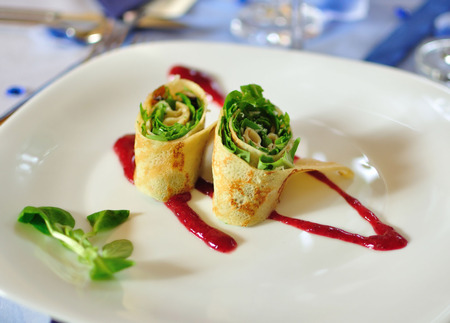 pancake appetizer on white plateの写真素材