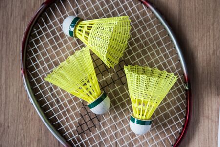 badminton racket with yellow balls