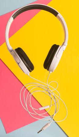 earphones on color background pop artの写真素材